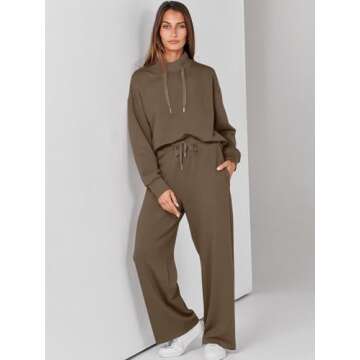 ANRABESS Womens 2 Piece Outfits Sweatsuit Set 2024 Fall Drawstring Sweatshirt Wide Leg Sweatpant Lounge Set Tracksuit Brown Small