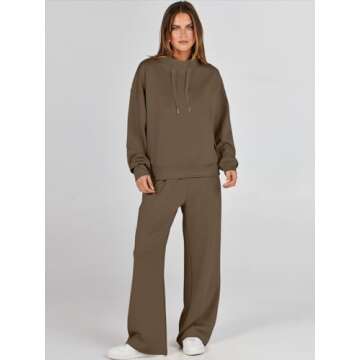 ANRABESS Womens 2 Piece Outfits Sweatsuit Set 2024 Fall Drawstring Sweatshirt Wide Leg Sweatpant Lounge Set Tracksuit Brown Small