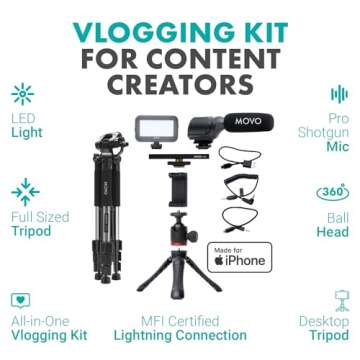 Movo iVlogger Vlogging Kit for iPhone with Fullsize Tripod - Lightning Compatible YouTube Starter Ki...
