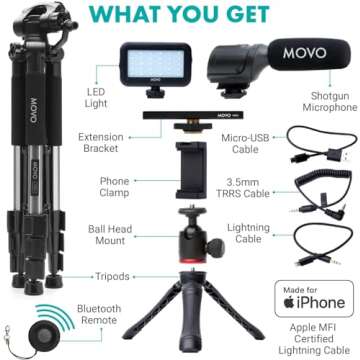 Movo iVlogger Vlogging Kit for iPhone with Fullsize Tripod - Lightning Compatible YouTube Starter Kit for Content Creators - Accessories: Tripods, Phone Mount, LED Light and Shotgun Mic