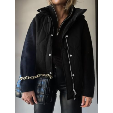 EVALESS Trendy Cropped Puffer Vest Women Plus Size Lightweight Quilted Stand Collar Sleeveless Jackets Fall 2024 Button Zip Up Warm Coat Outerwear with Pockets Black XX-Large