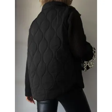 EVALESS Trendy Cropped Puffer Vest Women Plus Size Lightweight Quilted Stand Collar Sleeveless Jackets Fall 2024 Button Zip Up Warm Coat Outerwear with Pockets Black XX-Large