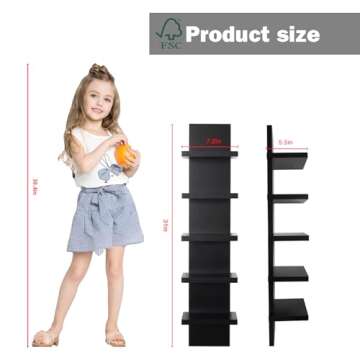 Bloddream 5 Tier Wall Shelves Black, Vertical Column Shelf Floating Storage Home Decor Organizer Design Utility Shelving Bedroom Living Room, 30.7