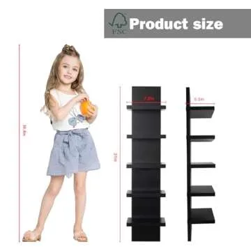 Bloddream 5 Tier Wall Shelves Black, Vertical Column Shelf Floating Storage Home Decor Organizer Design Utility Shelving Bedroom Living Room, 30.7