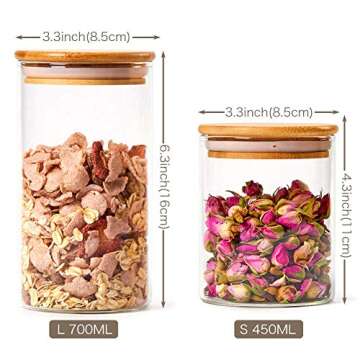 EZOWare Set of 6 Airtight Glass Food Jars with Natural Bamboo Lids, 15.2oz + 24oz Kitchen Clear Canister Storage Container Set for Storing Candy, Cookie, Rice, Sugar, Flour, Spices, Nuts, Coffee