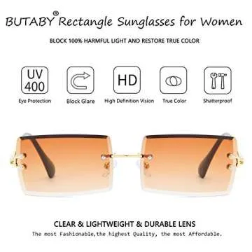 BUTABY Rimless Rectangle Sunglasses for Women/Men Ultralight Metal Frame Eyewear Fashion Square UV400 Glasses Unisex Tea