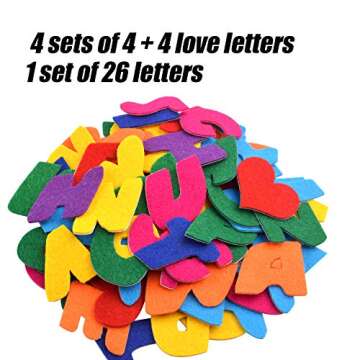 Felt Letter Stickers, 104 pcs Assorted Colors Self-Adhesive Letters Felt Alphabet Stickers A-Z with 4pcs Heart Stickers for Decoration Arts and Crafts