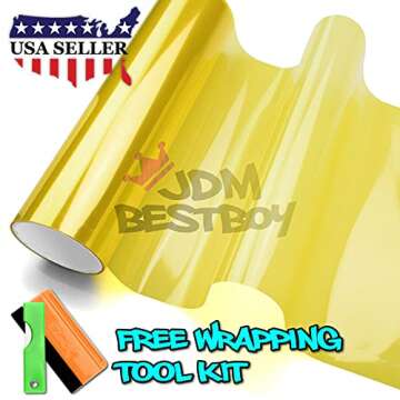 Headlights, Tail Lights, Fog Lights Tint Vinyl Film, Self Adhesive (Small 12''X48'', JDM Golden Yell...