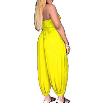 Remelon Women Sexy V Neck Halter Sleeveless Drawstring Front Cutout Loose Harem Jumpsuits Rompers Yellow S