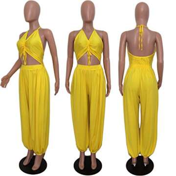 Remelon Women Sexy V Neck Halter Sleeveless Drawstring Front Cutout Loose Harem Jumpsuits Rompers Yellow S