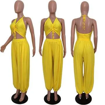 Remelon Women Sexy V Neck Halter Sleeveless Drawstring Front Cutout Loose Harem Jumpsuits Rompers Yellow S