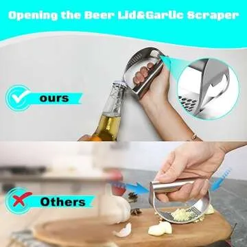 Kebley Garlic Press Rocker Set Bottle Opener Heavy Duty Stainless Steel Garlic Mincer Crusher Professional Kitchen Gadgets Garlic Chopper Silicone Peeler And Cleaning Brush, SB222