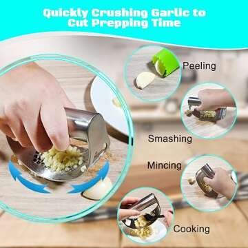 Kebley Garlic Press Rocker Set Bottle Opener Heavy Duty Stainless Steel Garlic Mincer Crusher Professional Kitchen Gadgets Garlic Chopper Silicone Peeler And Cleaning Brush, SB222