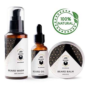 Beard Reverence Premium Beard Grooming Kit for Men Care w/Upgraded Travel Bag – All-Natural Beard Oil, Beard Balm Butter Wax, Beard Wash, Scissors, Comb, Boar Bristle Brush with Gift Set Box