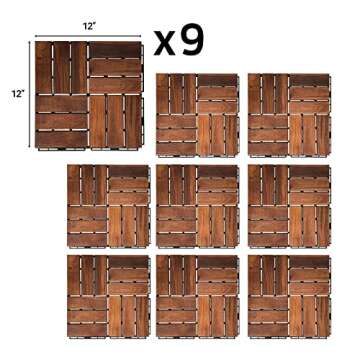 Acacia Hardwood Interlocking Deck Tiles - Walnut Grid - 12"×12" 9pcs - Natural Wood Outdoor Decking...