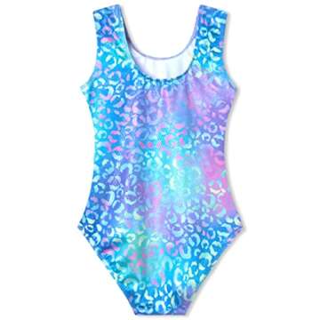 Domusgo Gymnastics Leotards for Girls 4t 5t Green Purple Leopard Sparkly One Piece Tumbling Outfits