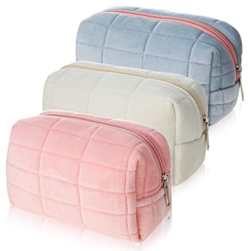 3 Pcs Plush Makeup Bag Checkered Cosmetic Bag Cosmetic Travel Bag Large Zipper Travel Toiletry Bag P...
