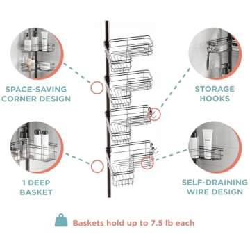 Zenna Home Tension Pole Shower Caddy, Adjustable Corner Shower Storage System with 4 L-shaped Baskets and Hooks, Rust-Resistant Bathroom Organization Solution, 60 to 97 Inch, Bronze