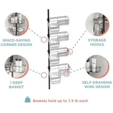 Zenna Home Tension Pole Shower Caddy, Adjustable Corner Shower Storage System with 4 L-shaped Baskets and Hooks, Rust-Resistant Bathroom Organization Solution, 60 to 97 Inch, Bronze