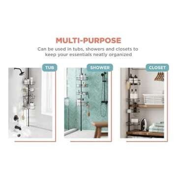 Zenna Home Tension Pole Shower Caddy, Adjustable Corner Shower Storage System with 4 L-shaped Baskets and Hooks, Rust-Resistant Bathroom Organization Solution, 60 to 97 Inch, Bronze