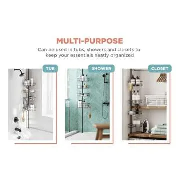 Zenna Home Tension Pole Shower Caddy, Adjustable Corner Shower Storage System with 4 L-shaped Baskets and Hooks, Rust-Resistant Bathroom Organization Solution, 60 to 97 Inch, Bronze