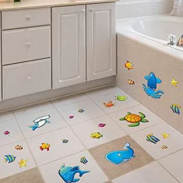 24PCS Non Slip Bathtub Stickers, Cartoon Marine Life Bath Tub Stickers, PVC Matte Bath Tub Slip Stickers for Kid's Room, Bathroom,Floor, Anti-Slip Appliques for Shower Surfaces