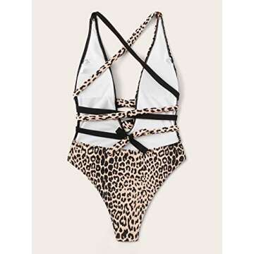 SweatyRocks Women's Sexy Bathing Suits Criss Cross Tie Knot Front Deep V Open Back Leopard One Piece...