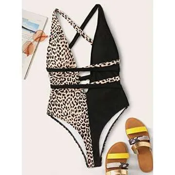 SweatyRocks Women's Sexy Bathing Suits Criss Cross Tie Knot Front Deep V Open Back Leopard One Piece Swimwear Leopard Black Medium