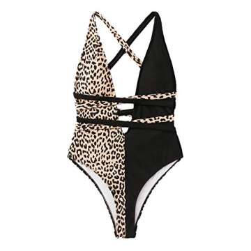 SweatyRocks Women's Sexy Bathing Suits Criss Cross Tie Knot Front Deep V Open Back Leopard One Piece Swimwear Leopard Black Medium