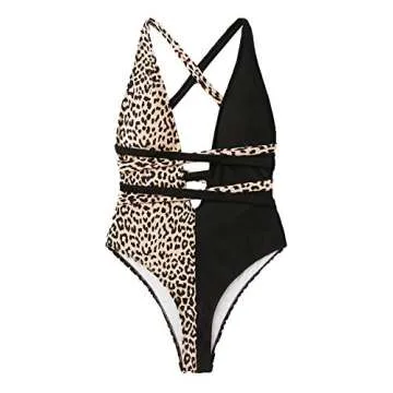 SweatyRocks Women's Sexy Bathing Suits Criss Cross Tie Knot Front Deep V Open Back Leopard One Piece Swimwear Leopard Black Medium