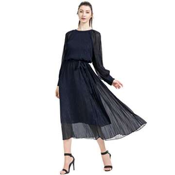 LAIZI Women's Vintage Long Sleeve V Neck Ruffle Tie Boho Floral Casual Pleated Chiffon Midi Dress