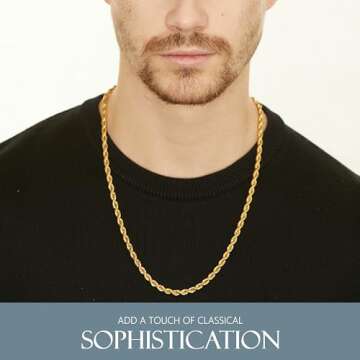 KISPER 18k Gold Hip Hop Rope Chain Necklace – 5mm Thick Gold Plated Stainless Steel Jewelry for Wo...