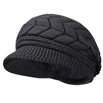 HINDAWI Women Winter Newsboy Hats Warm Knit Wool Snow Caps with Visor, Black