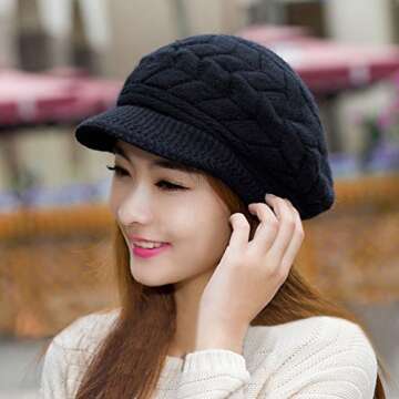 HINDAWI Women Winter Newsboy Hats Warm Knit Wool Snow Caps with Visor, Black