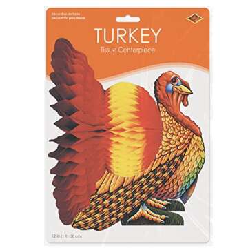 Beistle Colorful Tissue Turkey Centerpiece for Thanksgiving