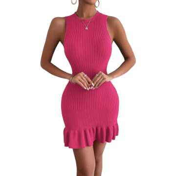MakeMeChic Women's Sleeveless Sweater Dress Crochet Ribbed Knit Ruffle Hem Bodycon Mini Dresses Hot Pink S