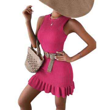 MakeMeChic Women's Sleeveless Sweater Dress Crochet Ribbed Knit Ruffle Hem Bodycon Mini Dresses Hot Pink S