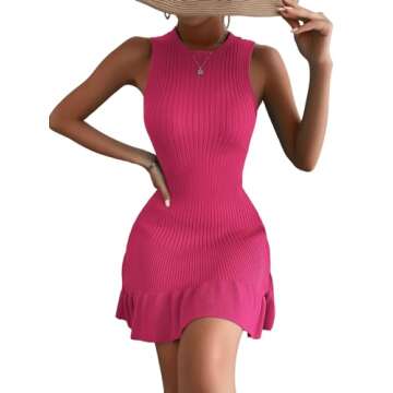 MakeMeChic Women's Sleeveless Sweater Dress Crochet Ribbed Knit Ruffle Hem Bodycon Mini Dresses Hot Pink S