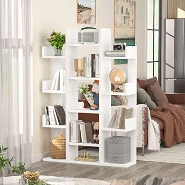 Aheaplus Bookshelf, Tree-Shaped Bookcase Storage Shelf with 13 compartments, Books Organizer Display Cube Shelves, Industrial Free Floor Standing Wood Open Bookshelves for Home, White