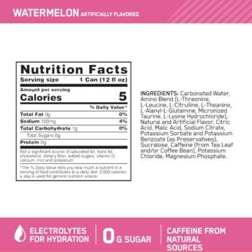 Optimum Nutrition Amino Energy Sparkling Hydration Drink, Electrolytes, Caffeine, Amino Acids, BCAAs, Sugar Free, Watermelon, 12 Fl Oz, 12 Pack (Packaging May Vary)