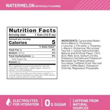 Optimum Nutrition Amino Energy Sparkling Hydration Drink, Electrolytes, Caffeine, Amino Acids, BCAAs, Sugar Free, Watermelon, 12 Fl Oz, 12 Pack (Packaging May Vary)