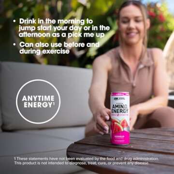 Optimum Nutrition Amino Energy Sparkling Hydration Drink, Electrolytes, Caffeine, Amino Acids, BCAAs, Sugar Free, Watermelon, 12 Fl Oz, 12 Pack (Packaging May Vary)