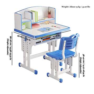 WGLAWL Kids' Study Desk Chair Sets, Blue, Adjustable Height, Ergonomic Design, with Large Storage Drawer and Bookshelf, Suitable for Ages 3-18