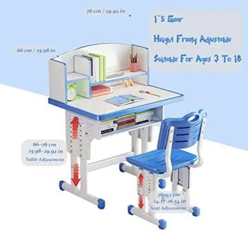 WGLAWL Kids' Study Desk Chair Sets, Blue, Adjustable Height, Ergonomic Design, with Large Storage Drawer and Bookshelf, Suitable for Ages 3-18