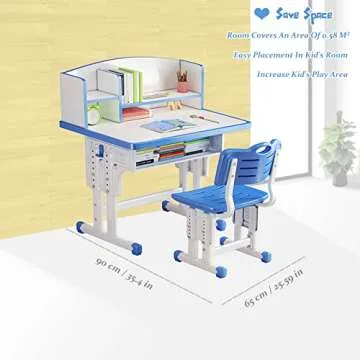 WGLAWL Kids' Study Desk Chair Sets, Blue, Adjustable Height, Ergonomic Design, with Large Storage Drawer and Bookshelf, Suitable for Ages 3-18