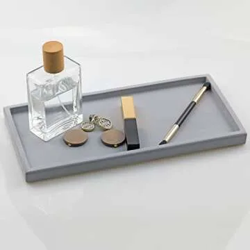 FREELOVE Concrete Countertop and Vanity Tray – Small Soap Dispenser Bottles Makeup Organizer Perfume Candle Key Trinket Ring Holder for Bathroom Toilet Tank Kitchen Sink, Grey, Rectangle 5.3''X11''