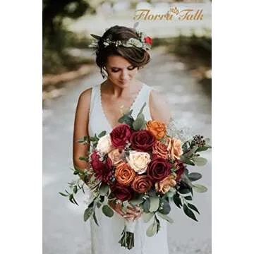 FLORRA TALK Burnt Orange and Burgundy Fake Flowers Combo Orange Roses Dahlia Artificial Flowers for ...