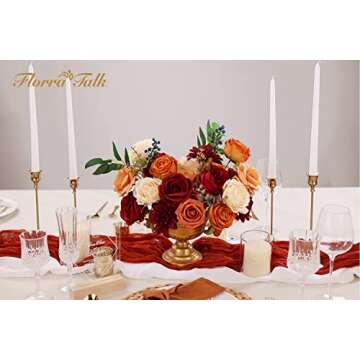 FLORRA TALK Burnt Orange and Burgundy Fake Flowers Combo Orange Roses Dahlia Artificial Flowers for DIY Fall Wedding Bouquet Centerpieces Party Bridal Baby Shower Home Decor(Burnt Orange & Burgundy)