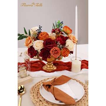 FLORRA TALK Burnt Orange and Burgundy Fake Flowers Combo Orange Roses Dahlia Artificial Flowers for DIY Fall Wedding Bouquet Centerpieces Party Bridal Baby Shower Home Decor(Burnt Orange & Burgundy)