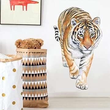 3D Tiger Wall Decor Lifelike Animal Decals Wallpaper Self-Adhesive Waterproof Cute Lovely Art Mural for Nursery Living Room Bedroom Decoration